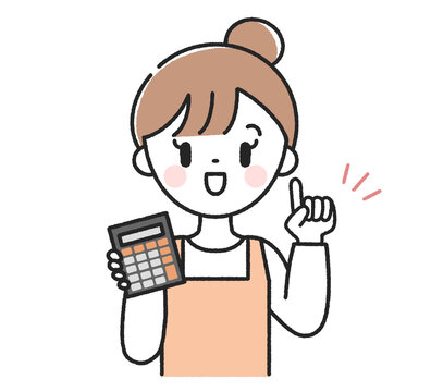 電卓を持った指差しポーズの主婦