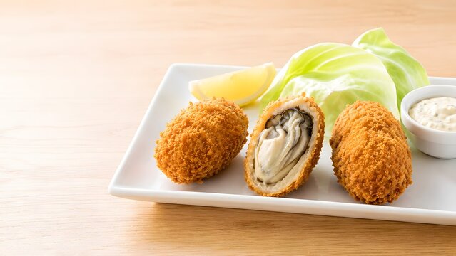 牡蠣フライ 断面を見せて白い角皿に並べた秋から冬の旬の魚介料理