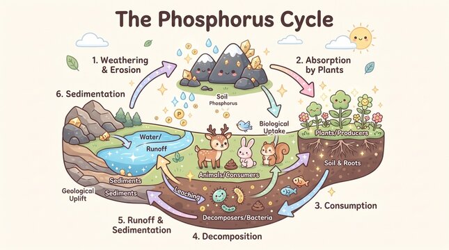 Cute educational diagram explaining the biogeochemical process of the phosphorus cycle with animals and plants