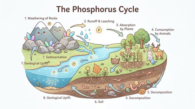 Comprehensive Visual Guide to the Phosphorus Biogeochemical Cycle Exploring its Essential Role in Nature's Ecosystems and Geological Evolution