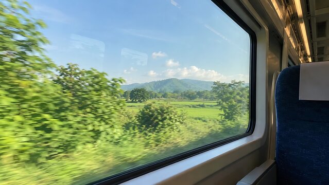 View from a train window showing lush green countryside with rolling hills under a bright blue sky.