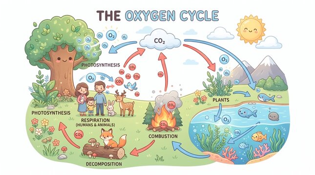 Educational Illustration Depicting the Natural Atmospheric Exchange Process Between Plants Animals and the Environment