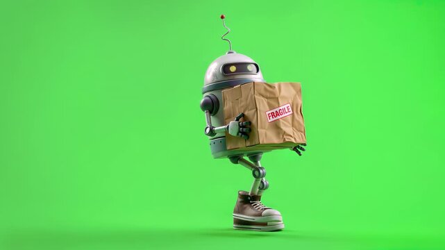 Robot courier walking with fragile cardboard box on green background. Delivery automation and logistics concept. Lockdown medium shot.