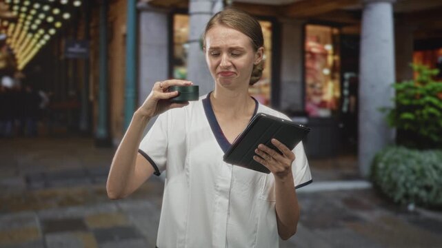Woman in uniform holding a cream jar and tablet grimaces while sniffing the lid on a street lined with shops; product testing disgust.
