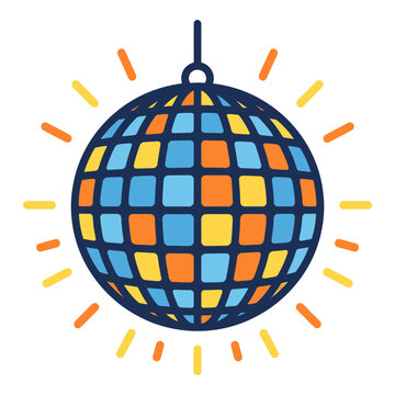 Disco ball hanging with colorful tiles and sun rays