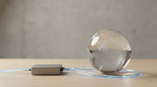 Glass Globe Connected to Fiber Optic Network for Global Communication Technology Concepts