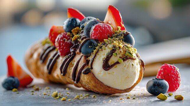 Luxury commercial food photography, ultra-realistic macro close-up of authentic Czech trdelnik dessert with berries