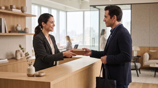 Receptionist Handing Wooden Gift Box to Client at Office Counter