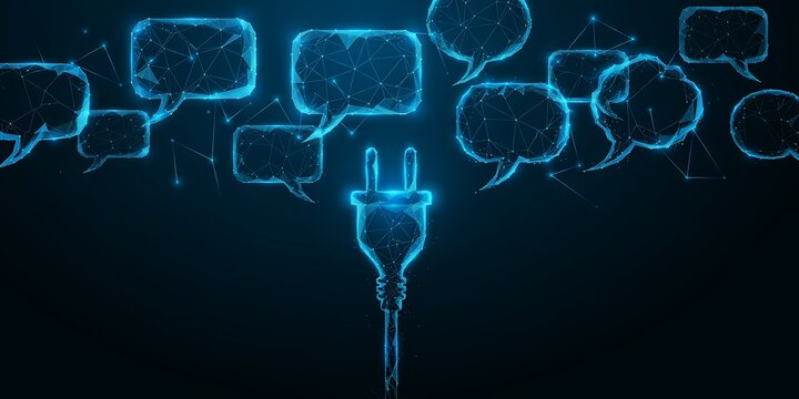 Digital power plug with glowing speech bubbles representing online communication technology.
