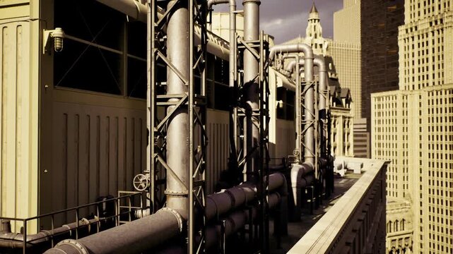 Simplistic monochrome geometric structures on city rooftops. Urban minimalist scene featuring stark lighting on repetitive metal pipe arrangements