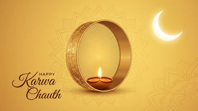 Happy Karwa Chauth festival card with gold style Background