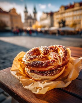  freshly baked Czech pretzel with coarse sea salt, blurred historic Prague square behind