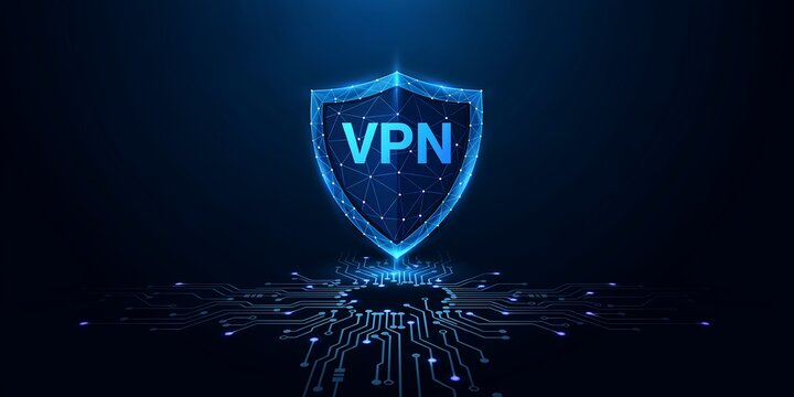 VPN shield icon on digital circuit board for secure internet connection and data privacy