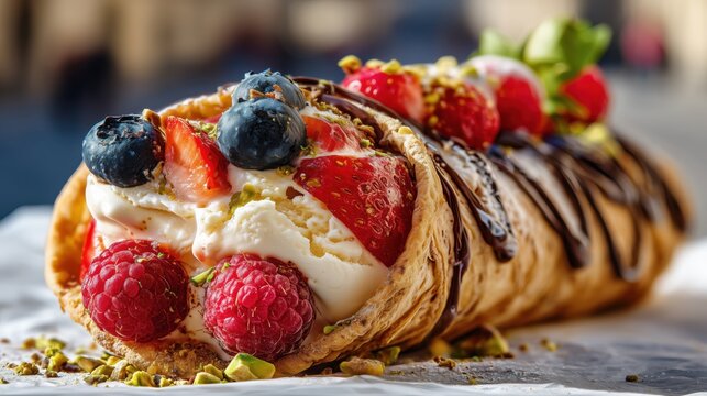Luxury commercial food photography, ultra-realistic macro close-up of authentic Czech trdelnik dessert with berries
