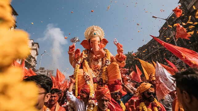 Colorful Ganpati Bappa Morya street procession with a giant decorated Ganesha idol, crowds, flags and flower petals during Ganesh Chaturthi