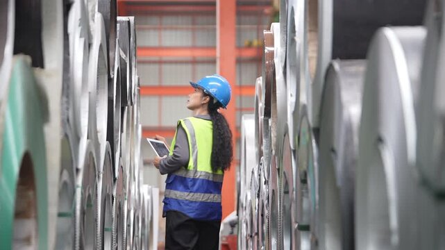 Female engineer in safety gear uses a tablet to inspect metal coils during a quality control audit in a modern industrial factory.