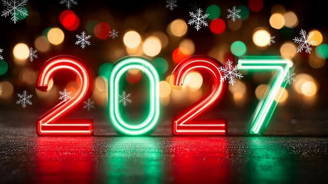 ?Festive new year 2027 celebration with colorful lights and snowflakes