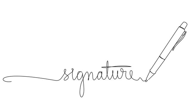 animated continuous line drawing of handwritten word signature and ballpoint pen, line art animation
