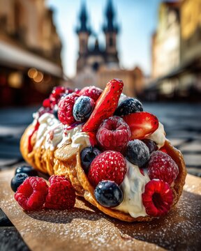 Luxury commercial food photography, ultra-realistic macro close-up of authentic Czech trdelnik dessert with berries