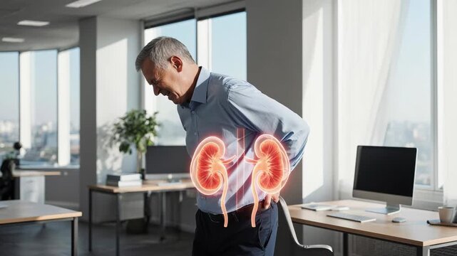 Renal colic distress: kidney ache, senior man, severe pain, anatomy, office worker.