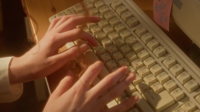 Cropped shot of hands of unrecognizable girl typing on retro beige computer keyboard. Clip is ideal for nostalgia-themed marketing campaigns, technology history documentaries, or vintage office scenes