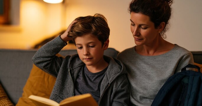 Mother and son reading book together
