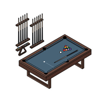 Isometric Wooden Billiard Table with Pool Cues and Balls Illustration