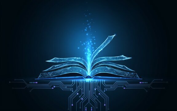 Digital open book with glowing light particles and circuit board technology background
