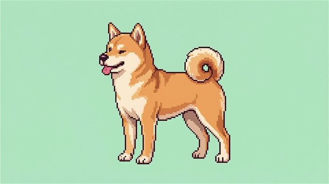 Pixel art shiba inu dog standing tail wagging retro 8-bit game pet loop animation