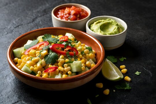 Fresh corn salad with cucumber, red chili, and cilantro served in a rustic bowl alongside small dishes of tomato salsa and guacamole on a dark textured background.