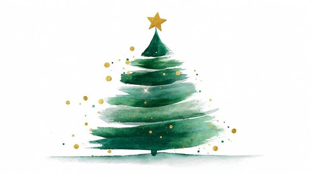 ?Elegant watercolor christmas tree with falling gold stars animation
