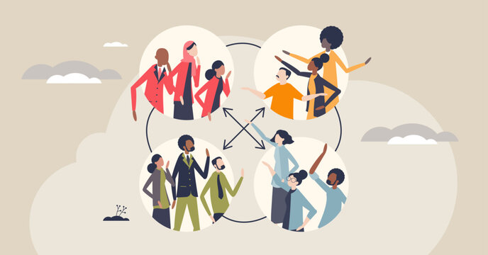 Cross-functional collaboration visualized, diverse teams in linked circles exchange ideas, key objects, people groups, arrows, circles. Tiny style