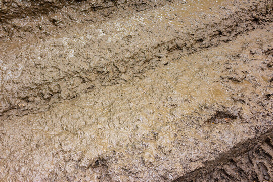 Detailed close-up of thick wet brown mud with deep tire tracks and rough soil texture covering a rural path, perfect for off-road adventure or environmental background concepts