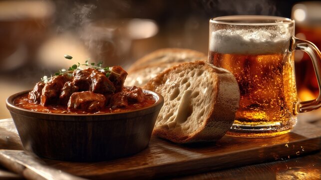 Czech beef goulash presented on a dark reclaimed wood serving board, rustic bread slices, Czech beer lager