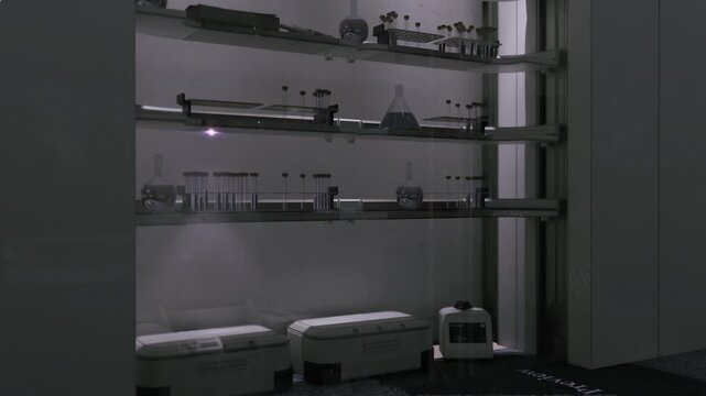 Forensic evidence locker with seized firearms, clear glass shelves, numbered tags, subtle indicator lights, sterile containment, chainofcustody atmosphere, cool