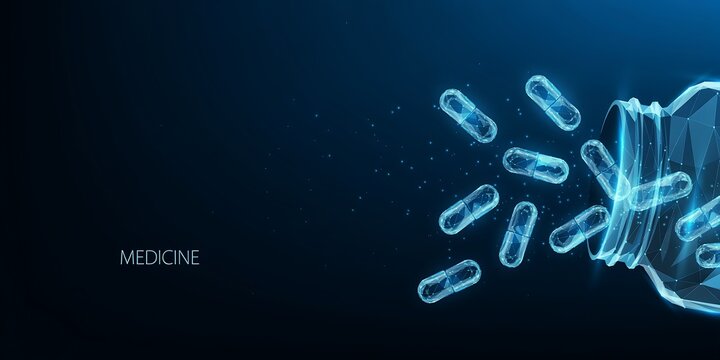 Digital pill bottle with glowing medical capsules, pharmaceutical technology concept.
