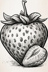 hand drawn vector illustration of an apple strawberry, strawberries, sketch, pencil drawing, hand drawn, illustration, black and white, monochrome, vintage, fruit, berry, fresh, slice, whole, leaf, bo © sorn