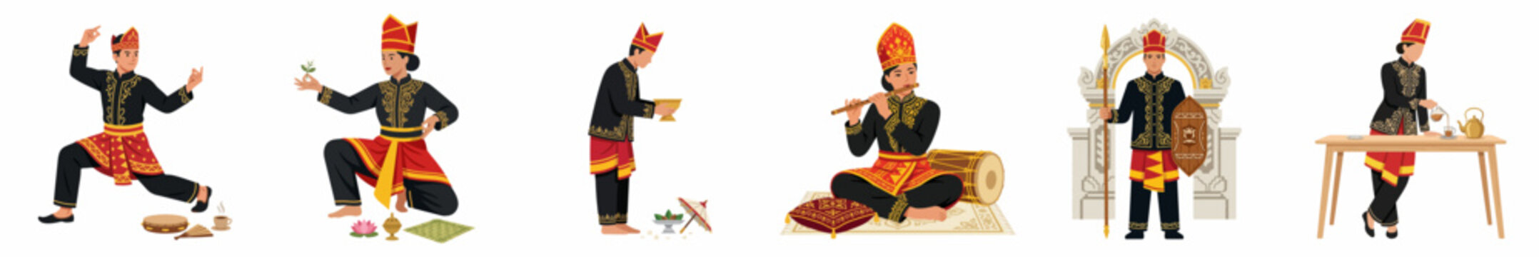 Vector Illustration Set of Men in Traditional Indonesian Cultural Attire Performing Various Rituals and Activities