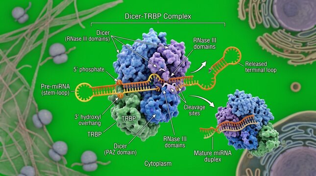 Dicer TRBP complex processing miRNA molecular mechanism diagram for biological research