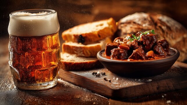 Czech beef goulash presented on a dark reclaimed wood serving board, rustic bread slices, Czech beer lager