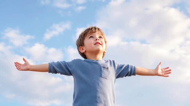 Little boy standing with arms outstretched against cloudy sky. Child enjoying freedom and fresh air outdoors. Panning camera shot.