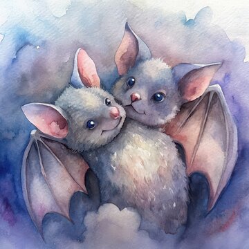 A pair of cute watercolor bats cuddling together