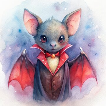 Cute little vampire bat wearing a high-collared red cape watercolor illustration