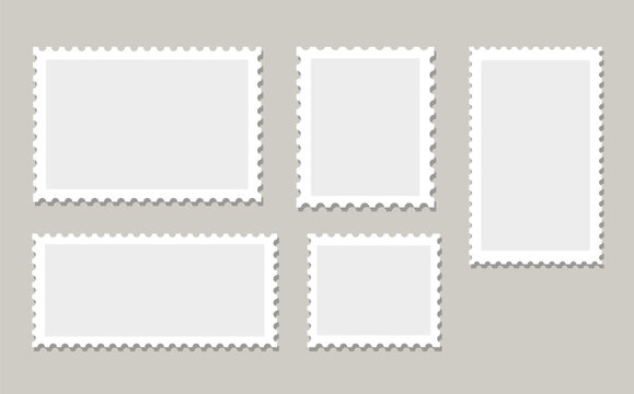 Collection of blank post stamps, postage frames set, vector illustration. Empty postal stamp borders for mail letter.