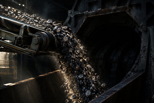 Industrial scene of ore flowing off a conveyor belt into a dark crusher.