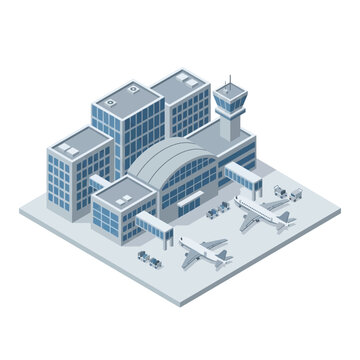 Modern Isometric of an Airport Complex with Airplanes Luggage Carts and Control Tower in Blue and Gray