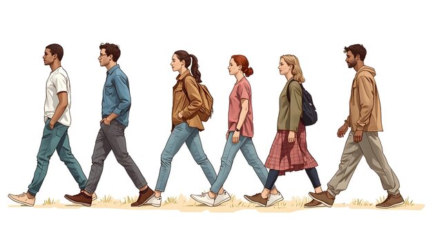 6 Diverse Walking People Illustration Pack Side View Transparent Background Architectural Rendering