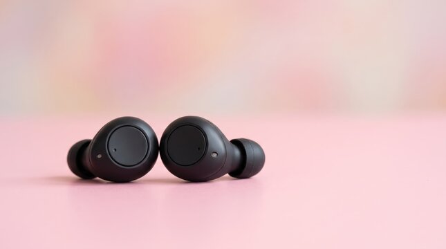 Modern black wireless bluetooth earbuds resting on soft pastel pink surface, sleek technology gadget for music listening and hands-free calls, minimalist audio device design