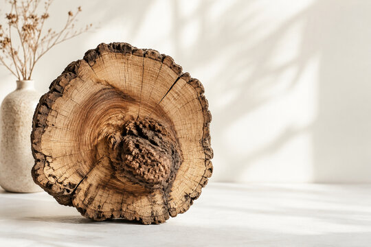 Tree trunk cross section with large burl and cracked rings, organic home decor concept