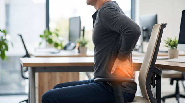 Side view of businessman sitting in ergonomic office chair holding lower back in pain, suffering from spine discomfort or lumbar strain due to poor posture, workplace health issue